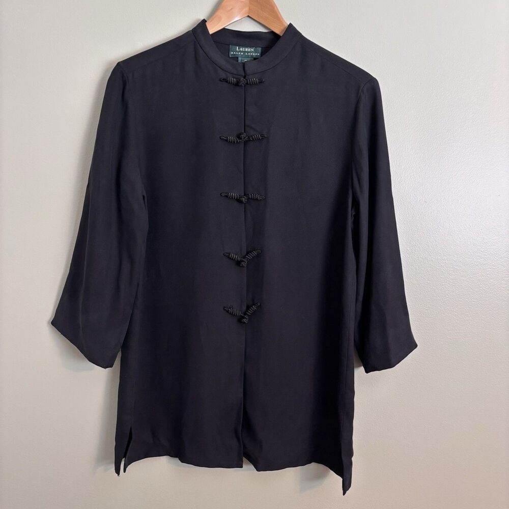Lauren Ralph Lauren 100% Silk Tunic Top Frog Button Minimalist Quiet Luxury